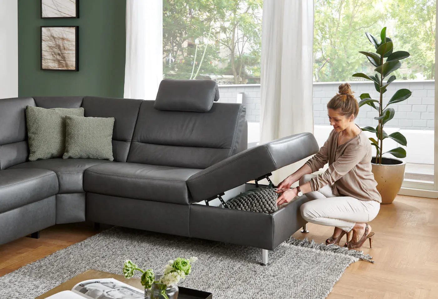 Wohnlandschaft PN-EM19075 in Leder Rodeo charcoal mit Zusatzfunktion couchliebe.