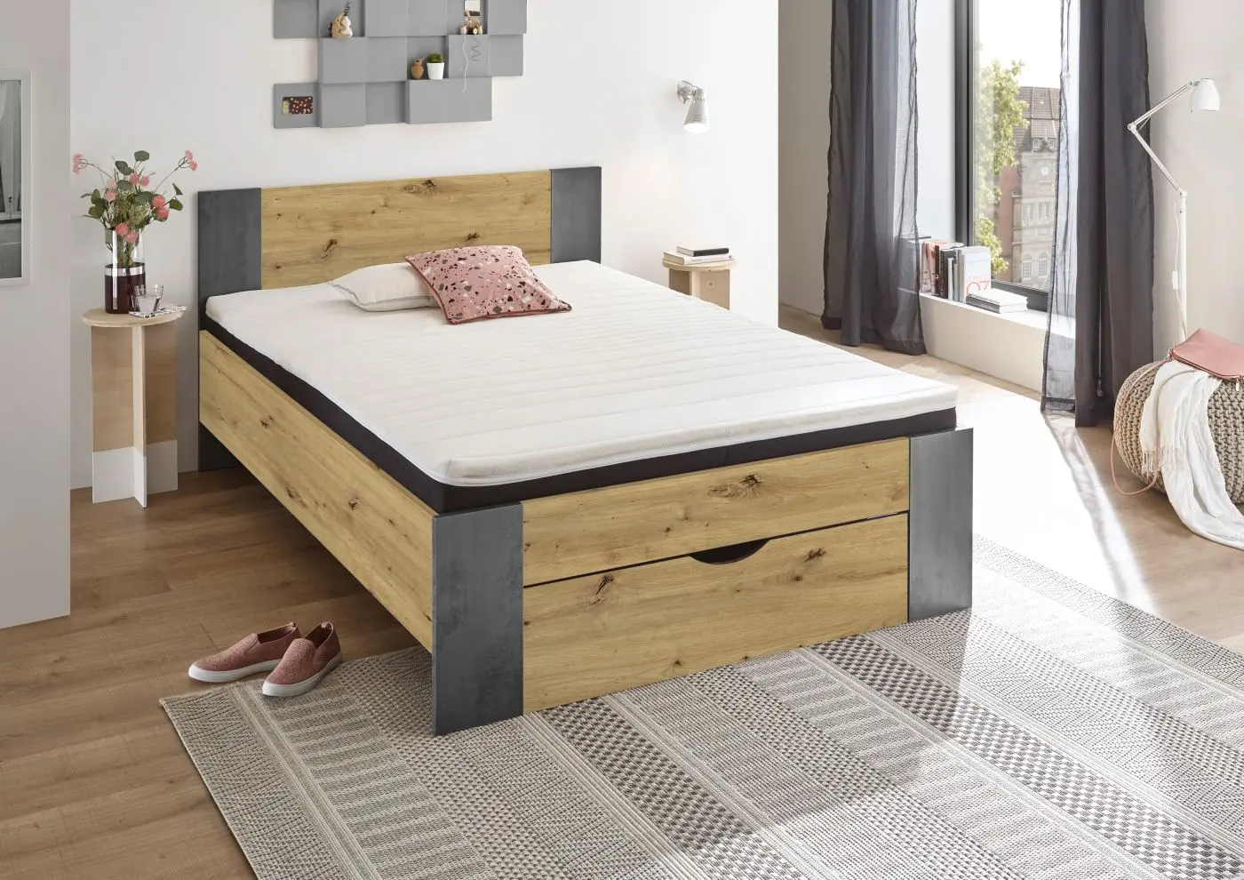 Bett Martin 140 x 200 cm Artisan Eiche/Betonoxid
