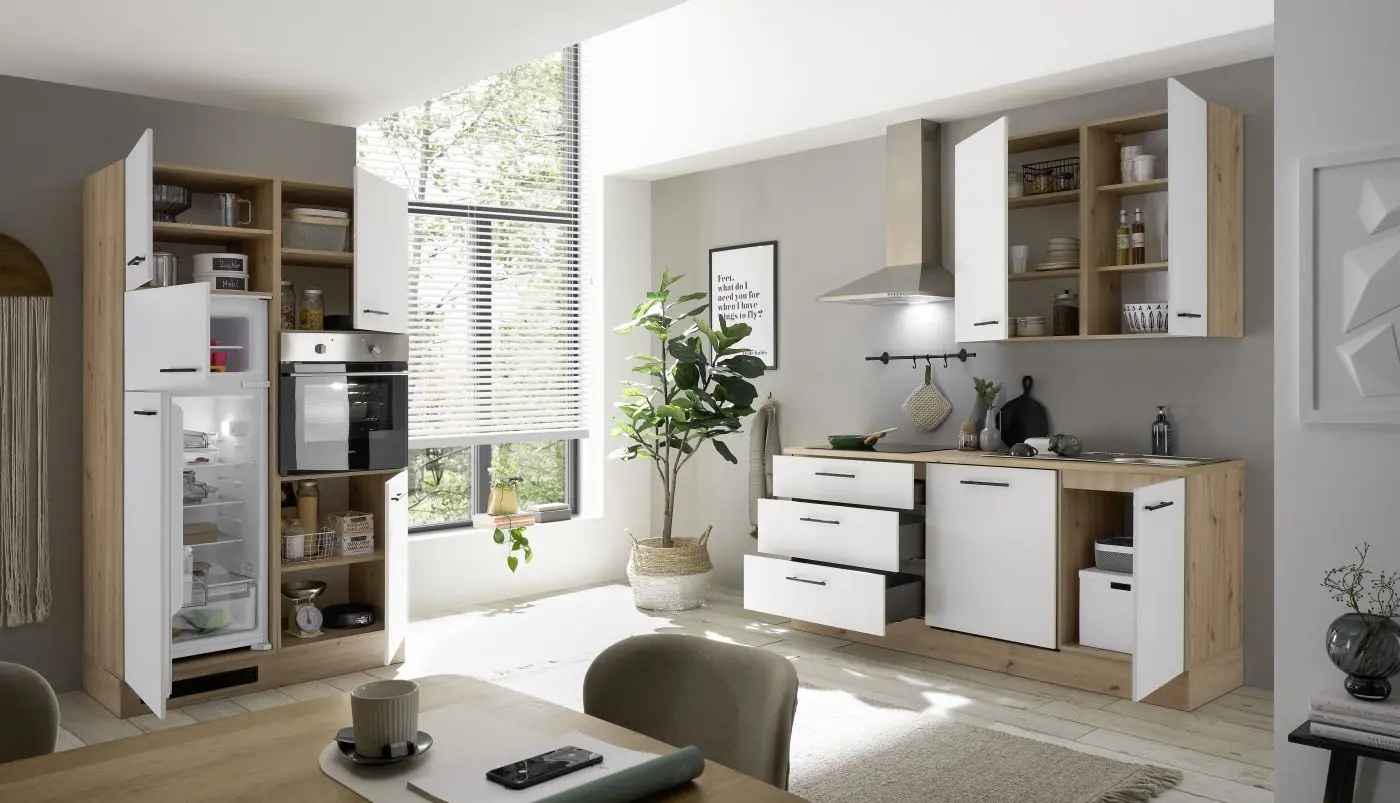 Küchenblock Stuttgart weiß/Artisan Eiche mit E-Geräten Küchenblock Stuttgart weiß/Artisan Eiche mit E-Geräten
