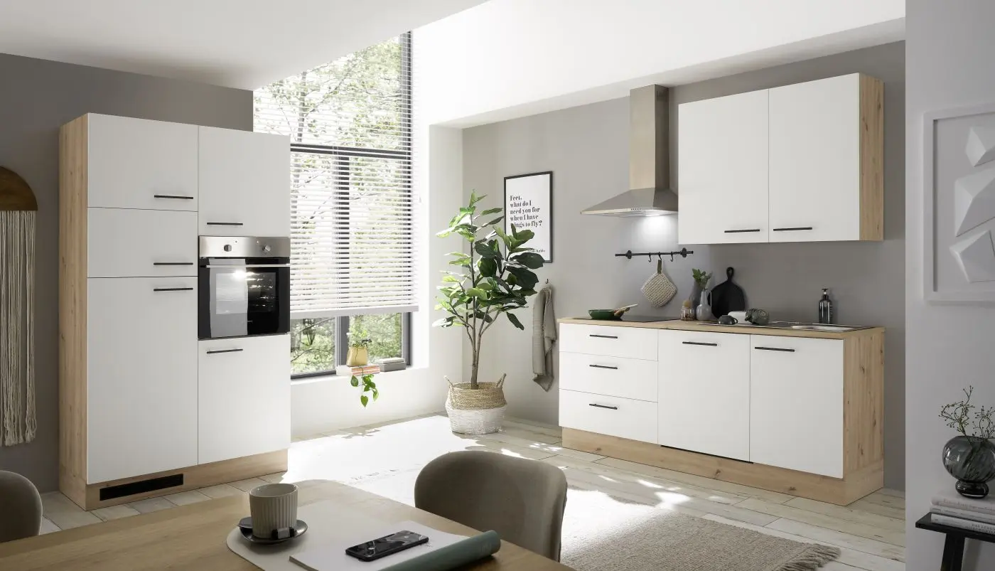 Küchenblock Stuttgart weiß/Artisan Eiche mit E-Geräten Küchenblock Stuttgart weiß/Artisan Eiche mit E-Geräten