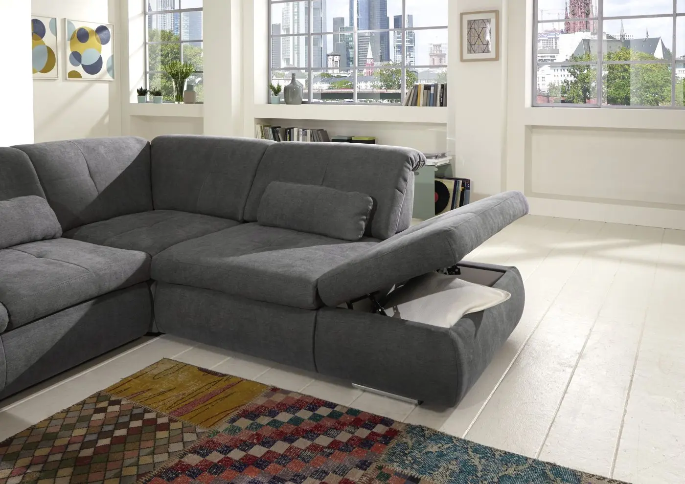Wohnlandschaft KS25 Vincenzo grau mit Zusatzfunktionen couchliebe.