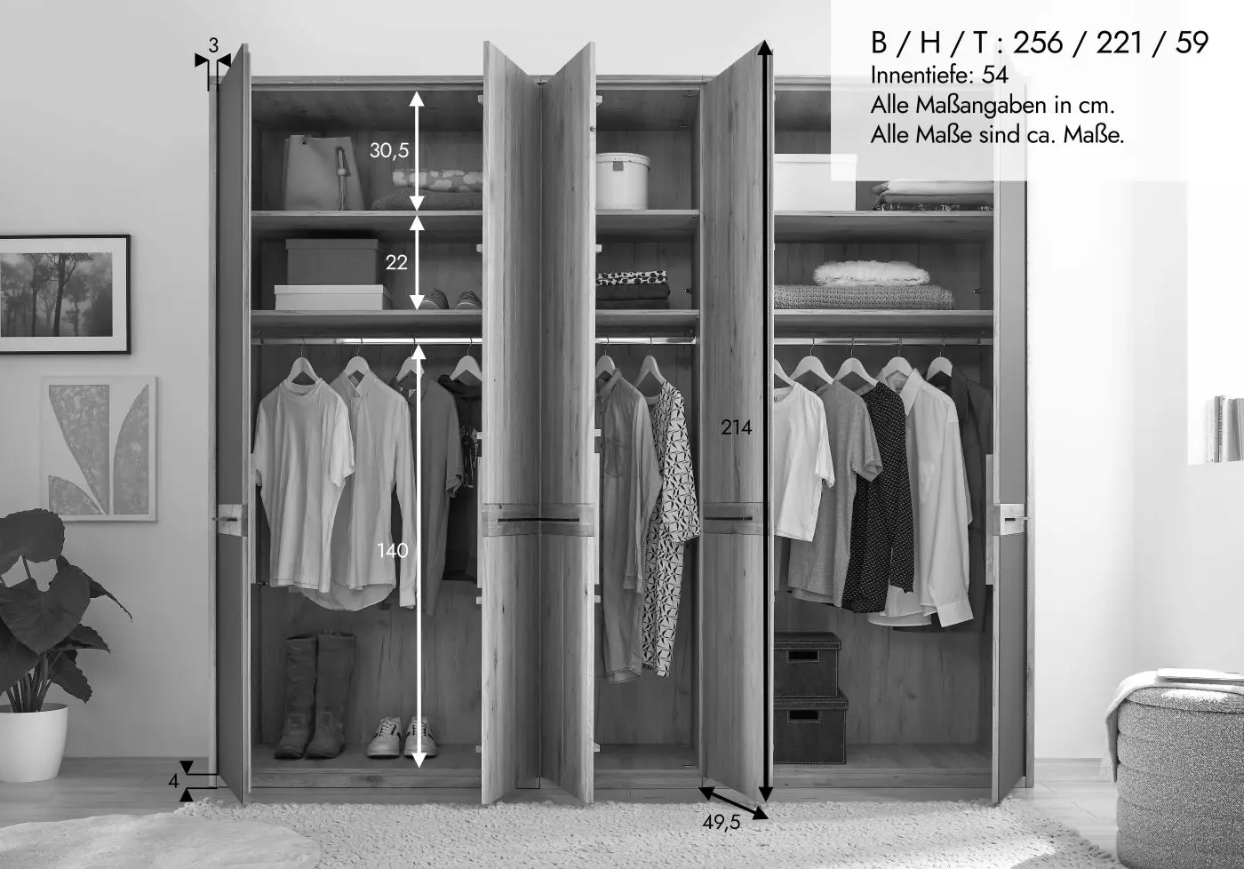 Drehtürenschrank SZ-0831 5-türig Wildeiche teilmassiv/Kaschmirglas