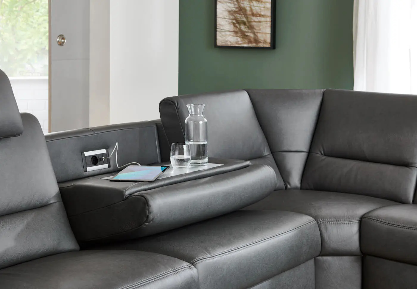 Wohnlandschaft PN-EM19075 in Leder Rodeo charcoal mit Zusatzfunktion couchliebe.