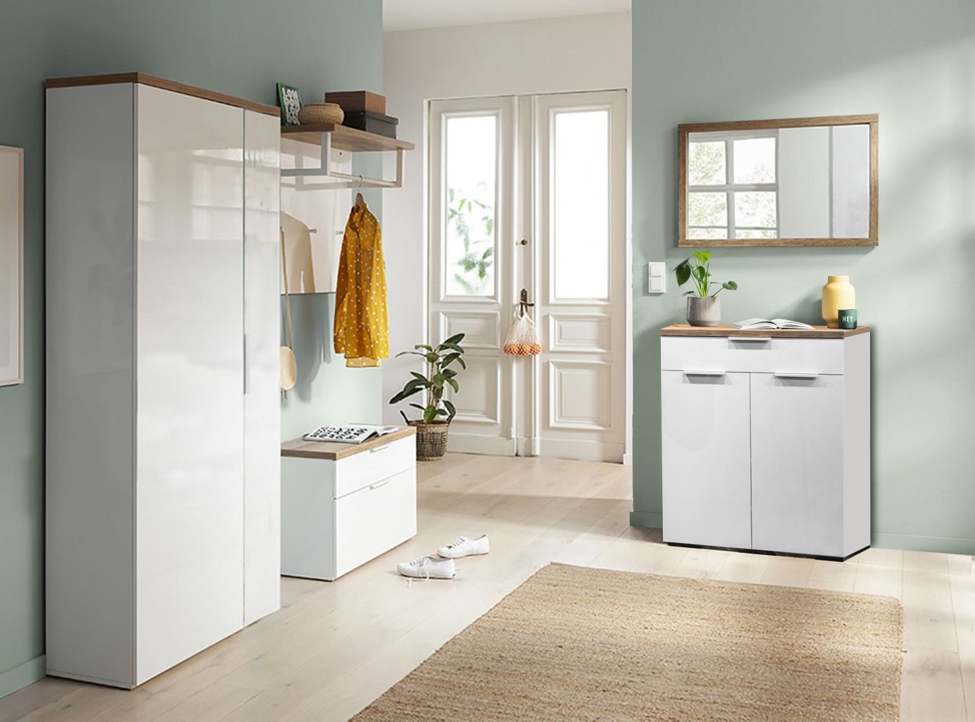 Garderobenschrank Mundi Hochglanz weiß/Eiche Riviera 82 x 189 x 35 cm