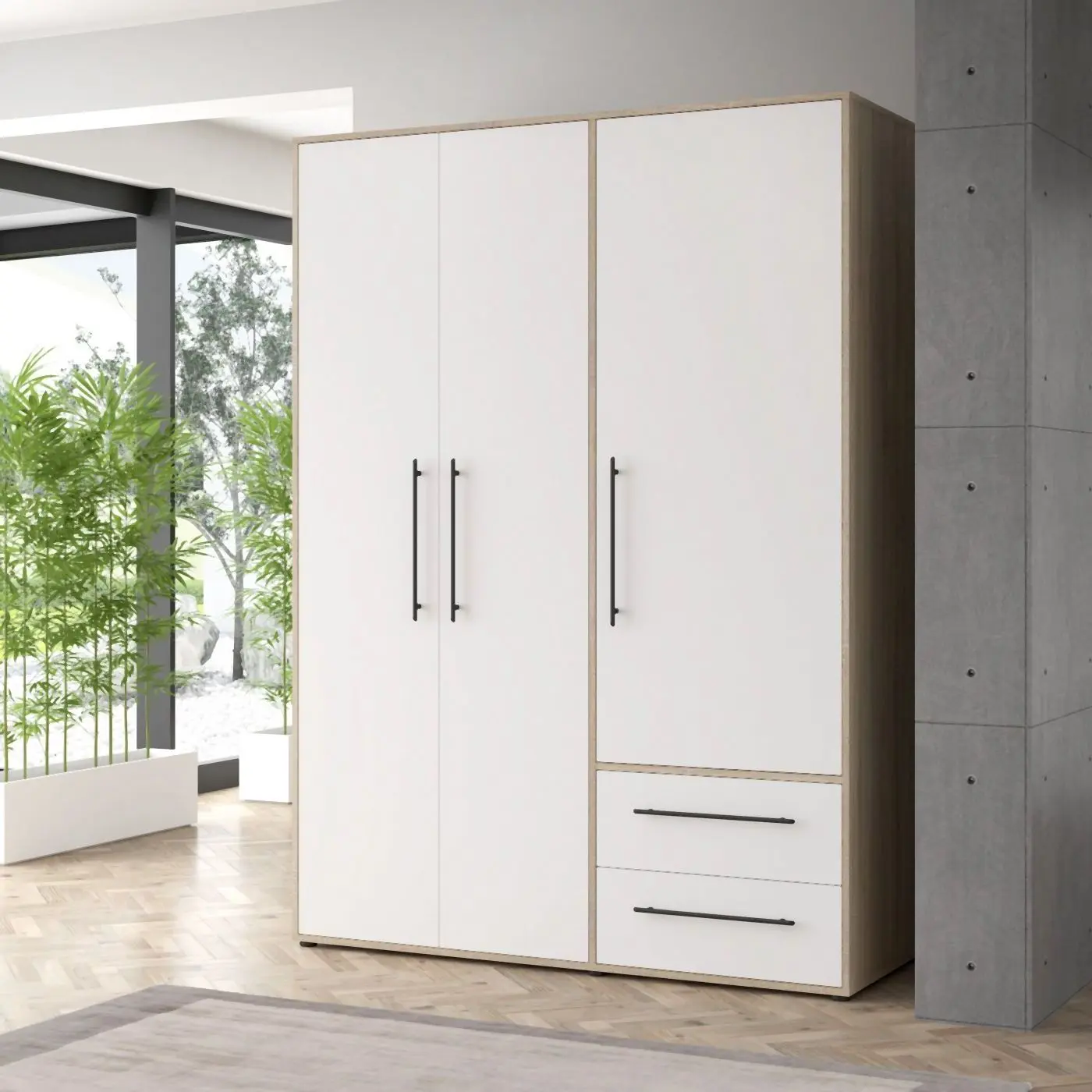 Drehtürenschrank Mokkaris 3-türig Sonoma Eiche/weiß Drehtürenschrank Mokkaris 3-türig Sonoma Eiche/weiß