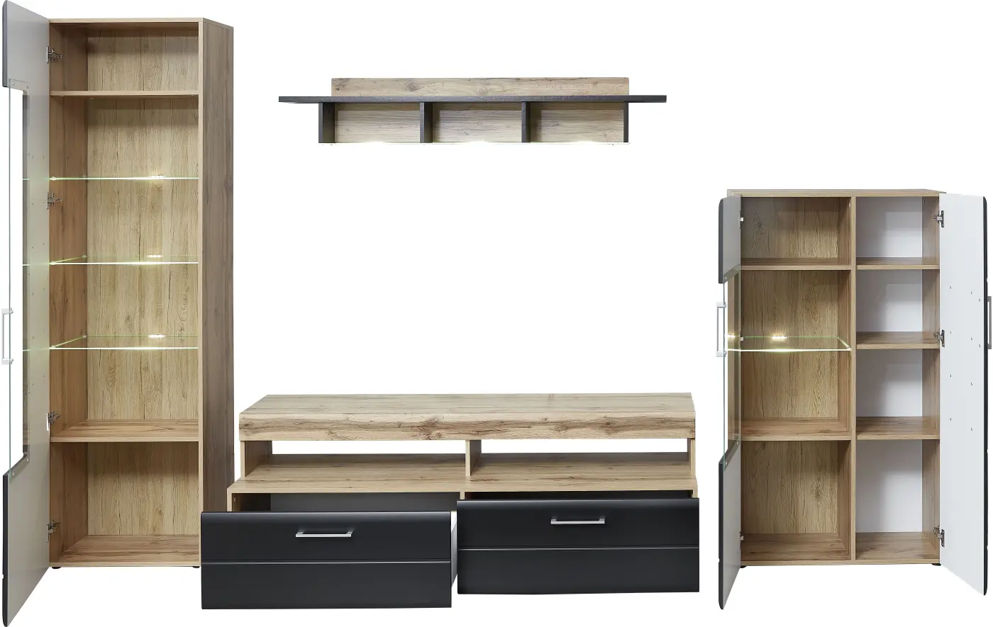 Wohnwand Sonate Lacklaminat schwarz matt/Hirnholz mit Beleuchtung