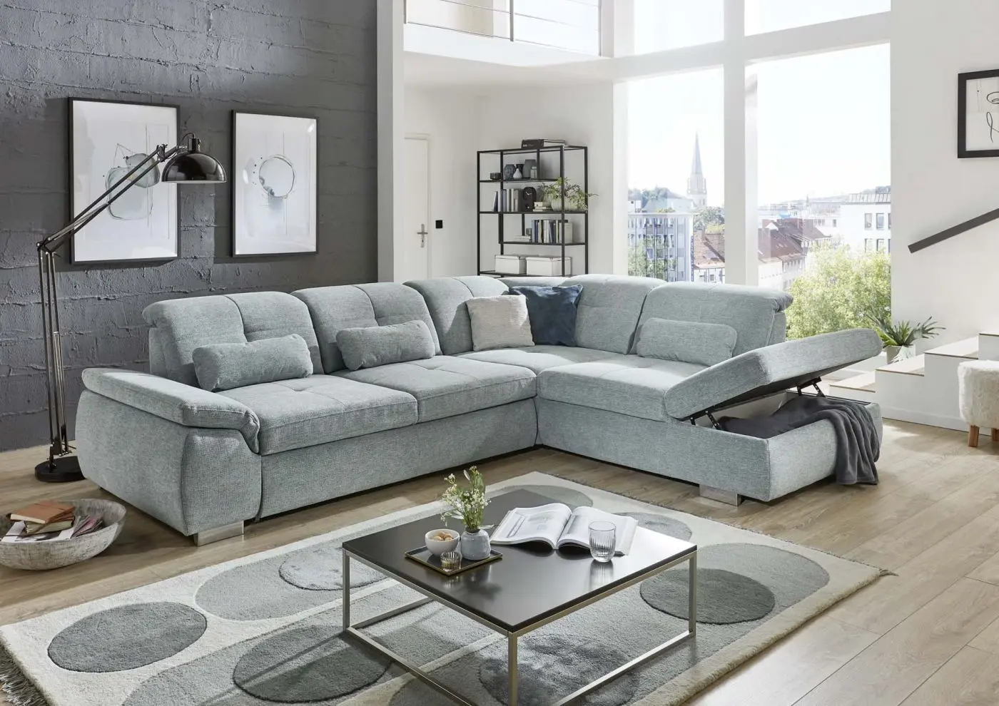 Wohnlandschaft KS294522 hellgrau mit Zusatzfunktionen couchliebe.