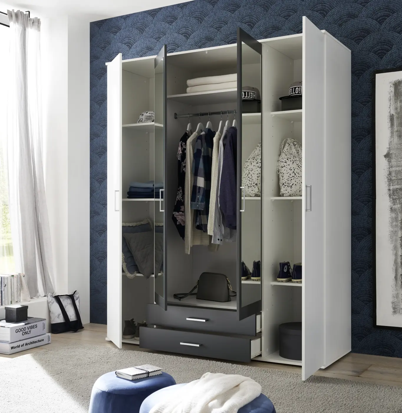 Kleiderschrank Hanau 3-türig weiß/graphit