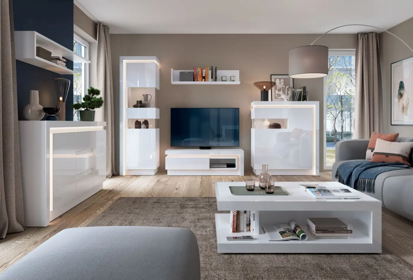 Highboard Lyon weiß Highboard Lyon mit Beleuchtung 2-türig