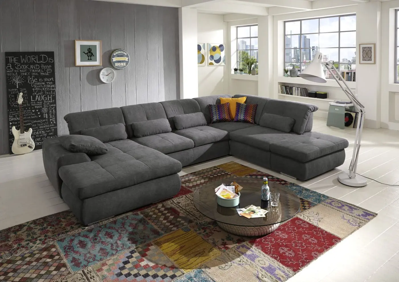 Wohnlandschaft KS25 Vincenzo grau mit Zusatzfunktionen couchliebe.