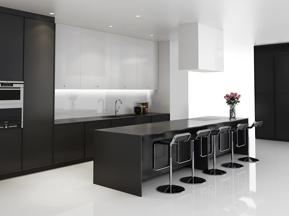 Küche futuristisch schwarz weiß Sitzhocker Kücheninsel 