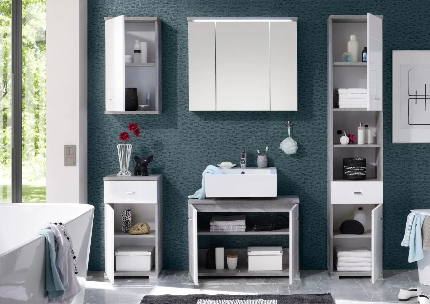 Waschbeckenunterschrank Pool betonfarbig/weiß