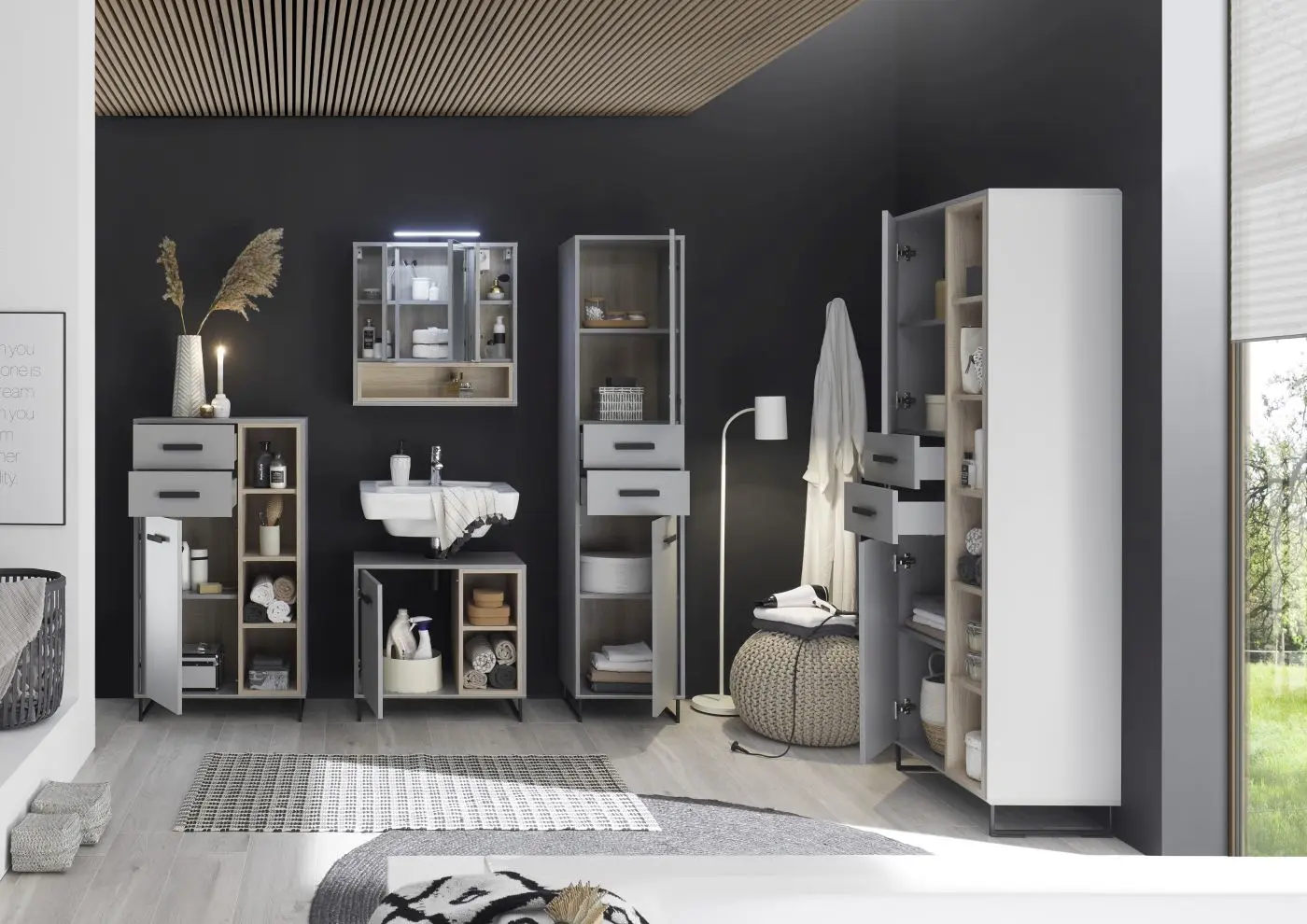 Badezimmer-Hochschrank Tunis in mattgrau