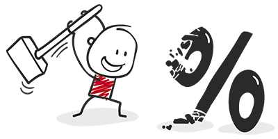 Emoji- der Junge haut mit dem Hammer auf das Prozente- Zeichen -Angebote Möbel AS