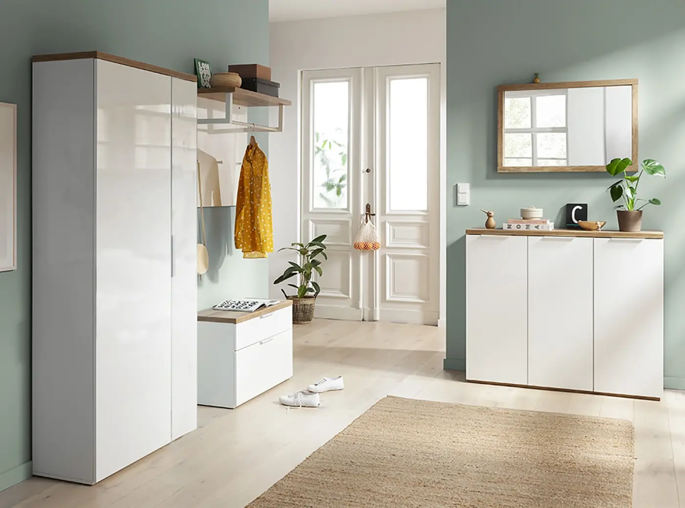 Garderobenbank Mundi weiß Hochglanz / Rivera Eiche