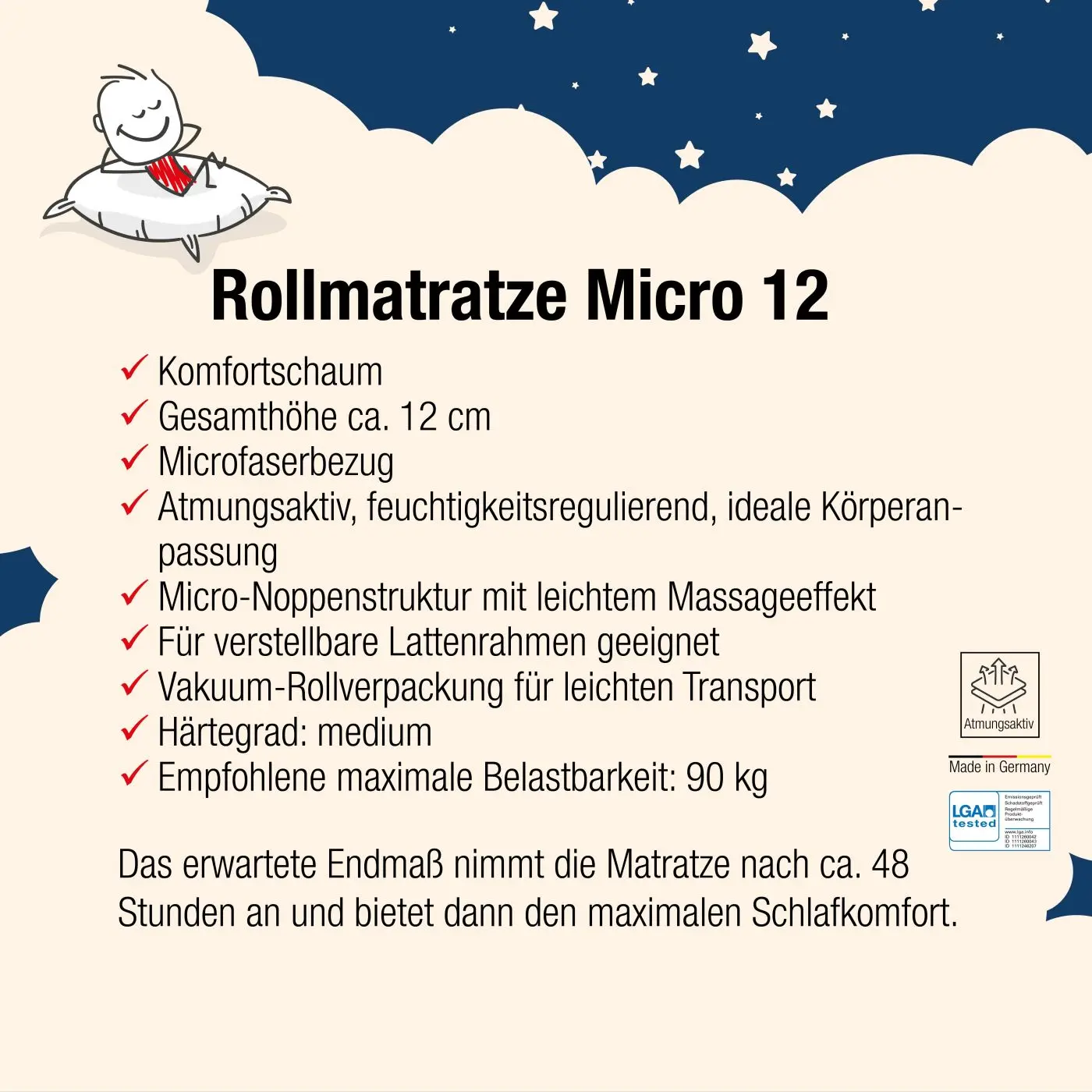 Rollmatratze Micro 12 90 x 200 cm
