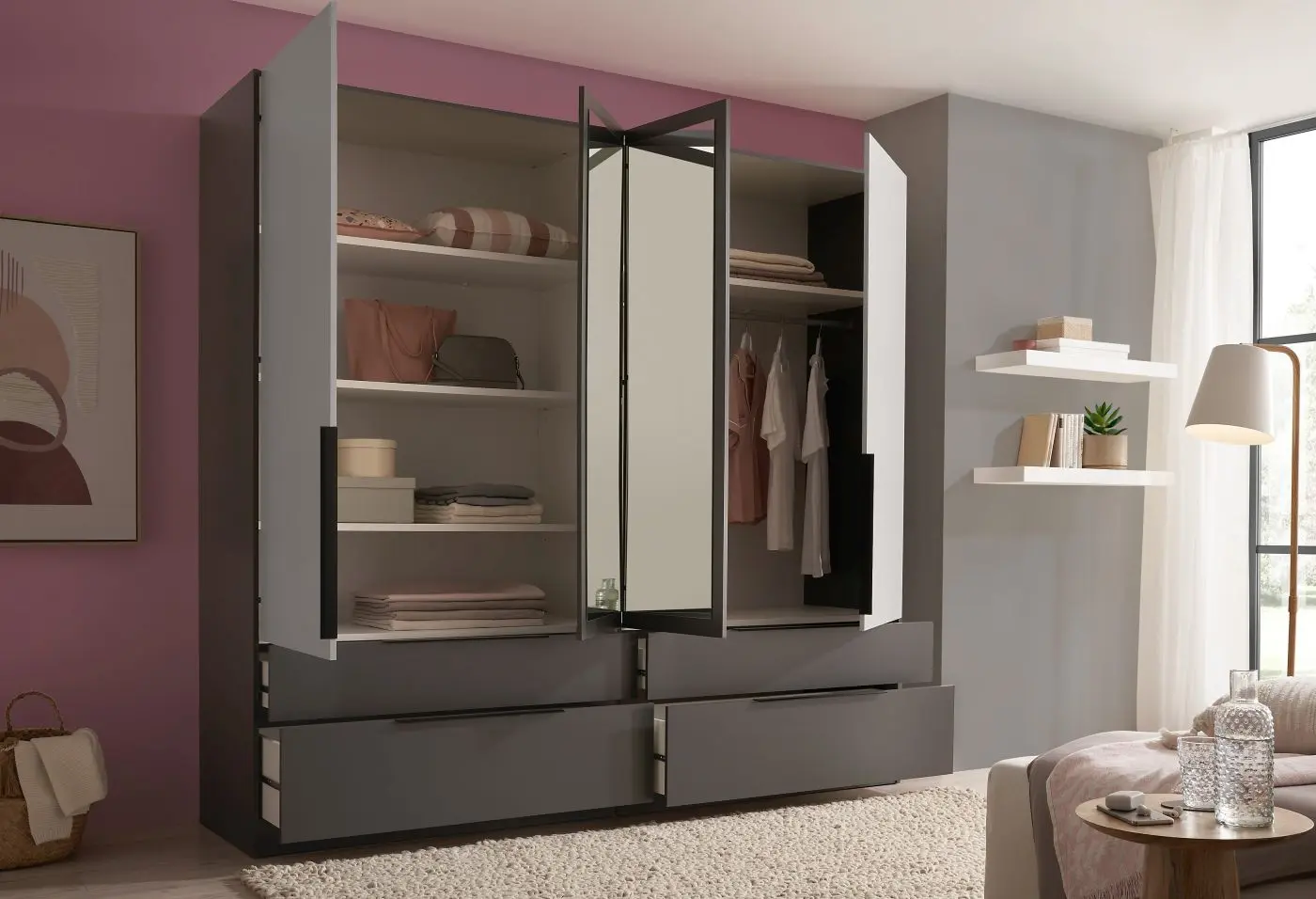 Drehtürenschrank Calinaro 4-türig graphit/lichtgrau