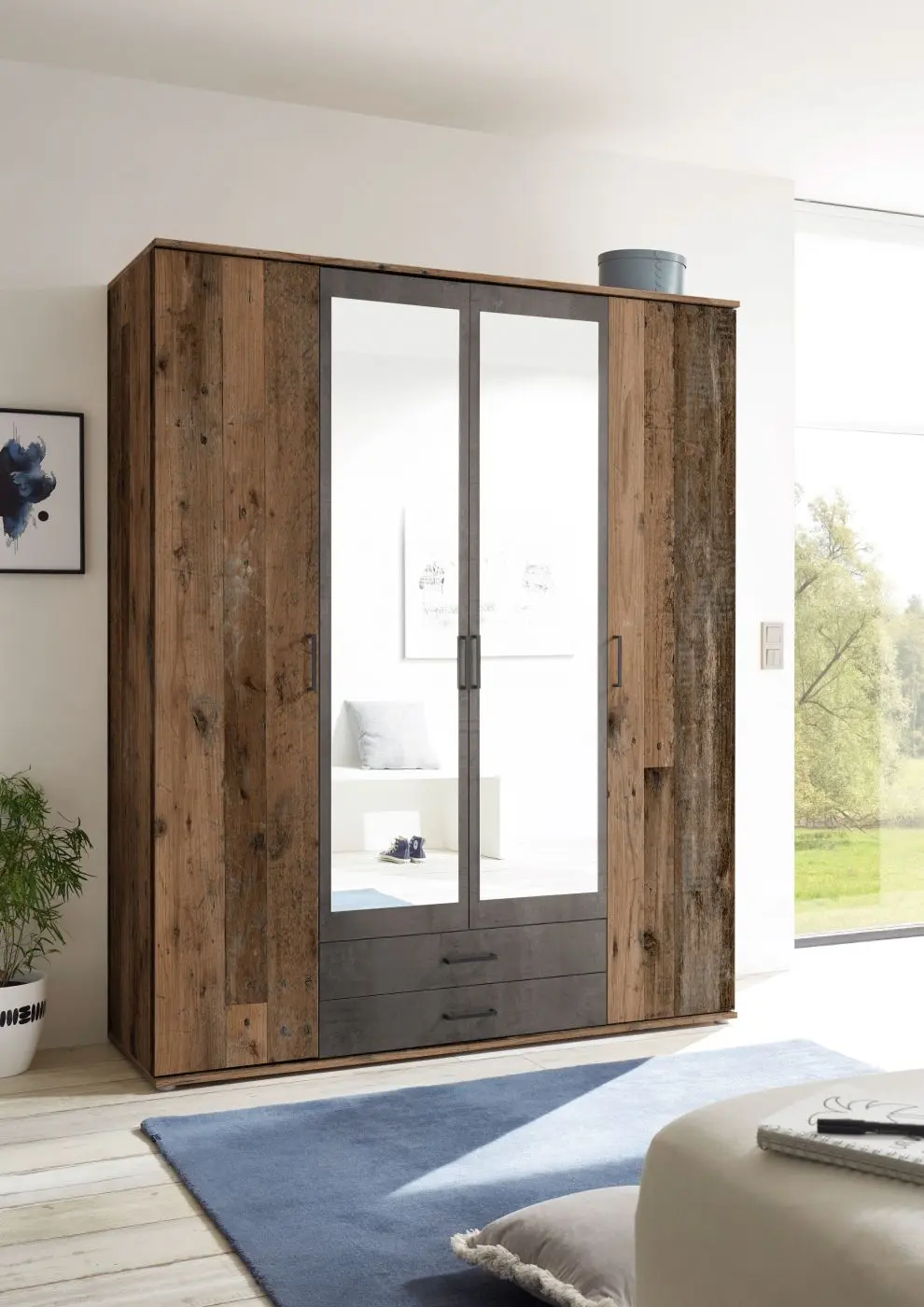 Drehtürenschrank Chicago 4-türig Old Style dunkel/Betonoxid
