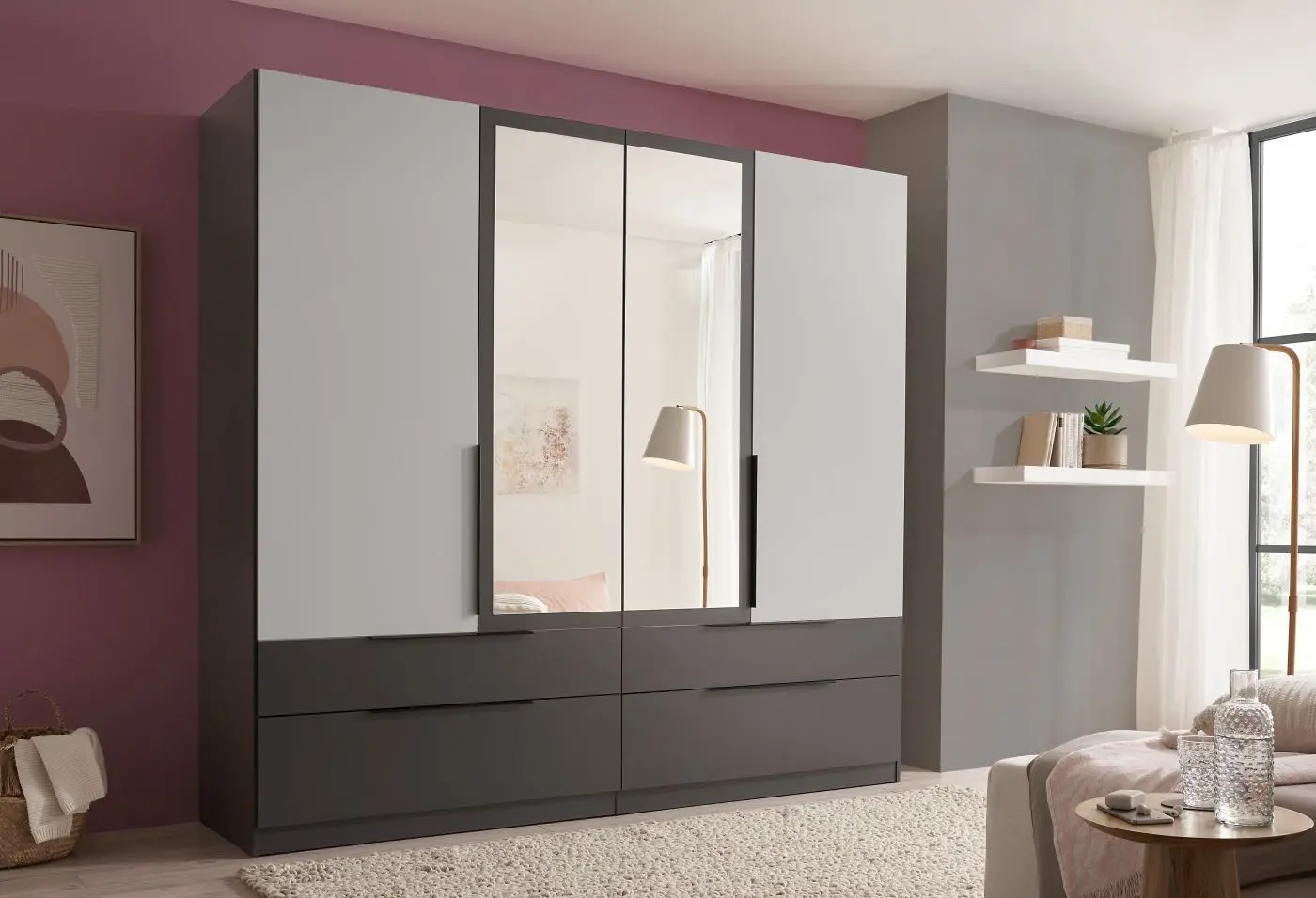 Drehtürenschrank Calinaro 4-türig graphit/lichtgrau