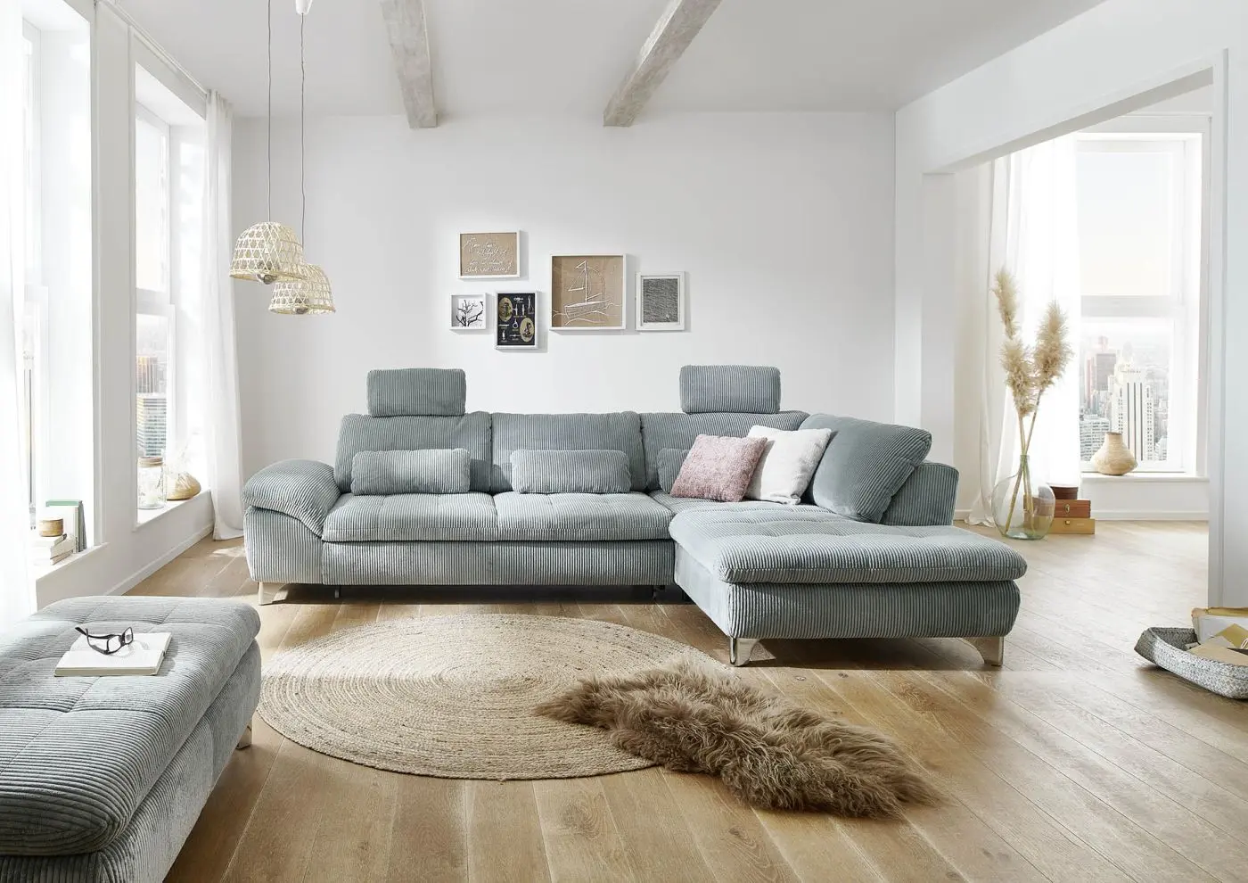 Wohnlandschaft MP-IN14007. Cord aqua mit Zusatzfunktionen couchliebe.