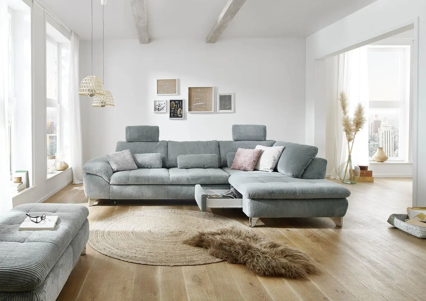 Wohnlandschaft MP-IN14007. Cord aqua mit Zusatzfunktionen couchliebe.