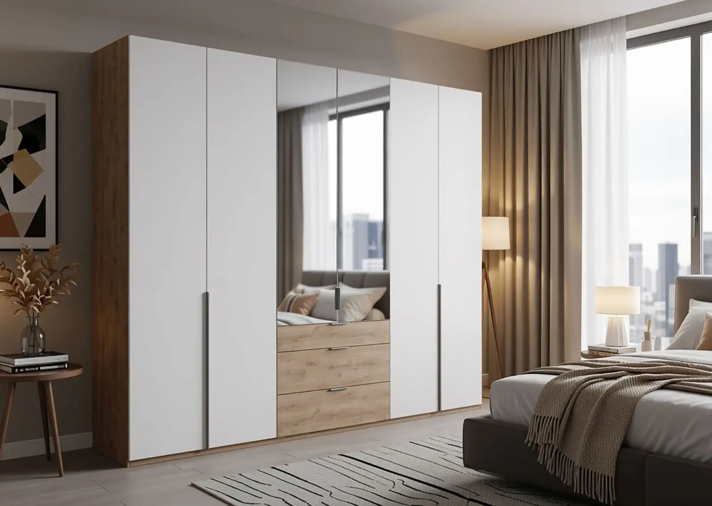 Drehtürenschrank New York 6-türig weiß/Plankeneiche