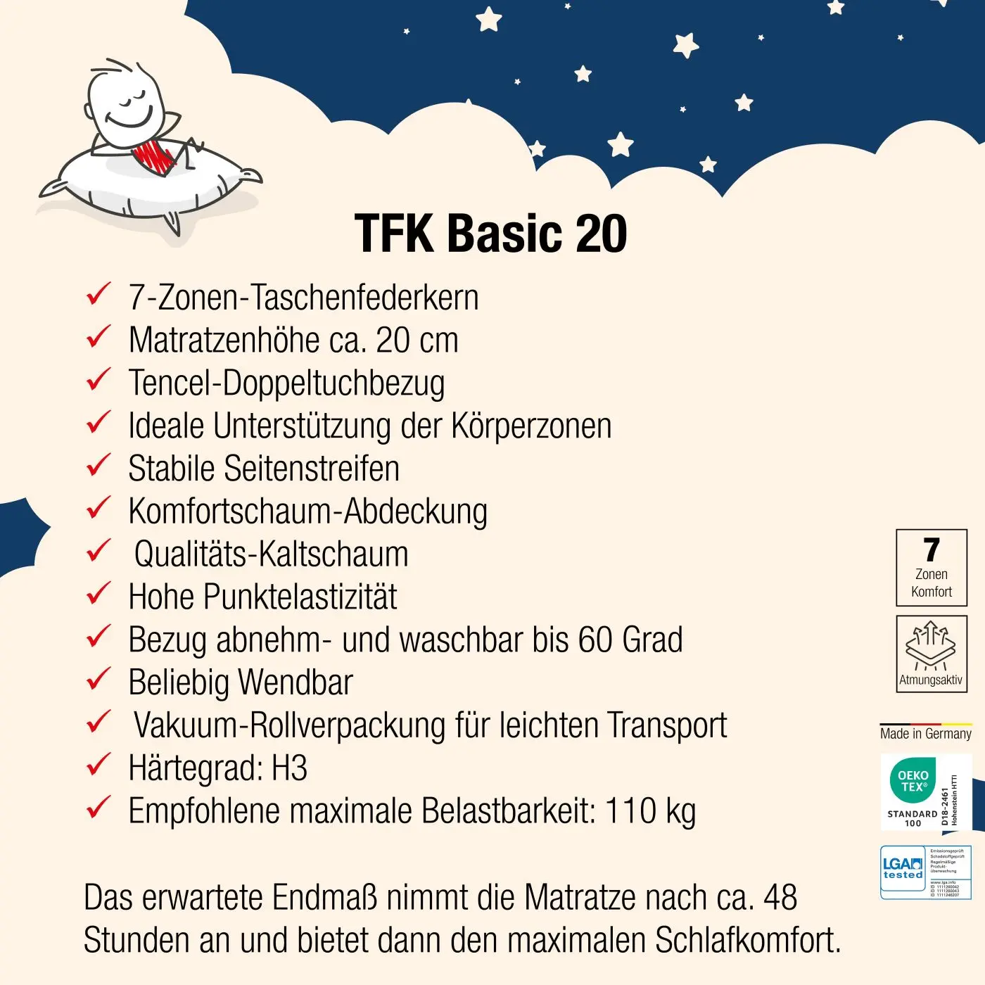 Taschenfederkernmatratze Basic 20 90 x 200 cm