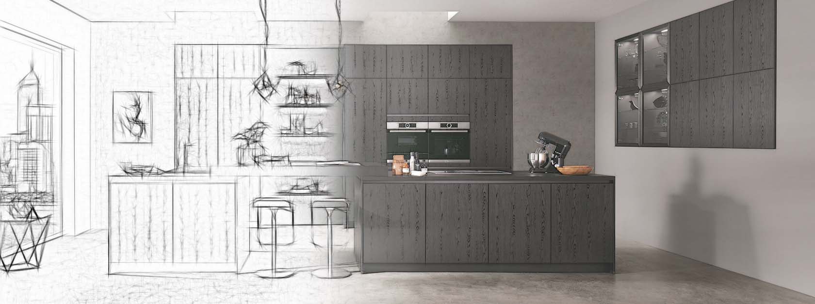 Küche Zeichnung grau Sitzhocker Beispiel 