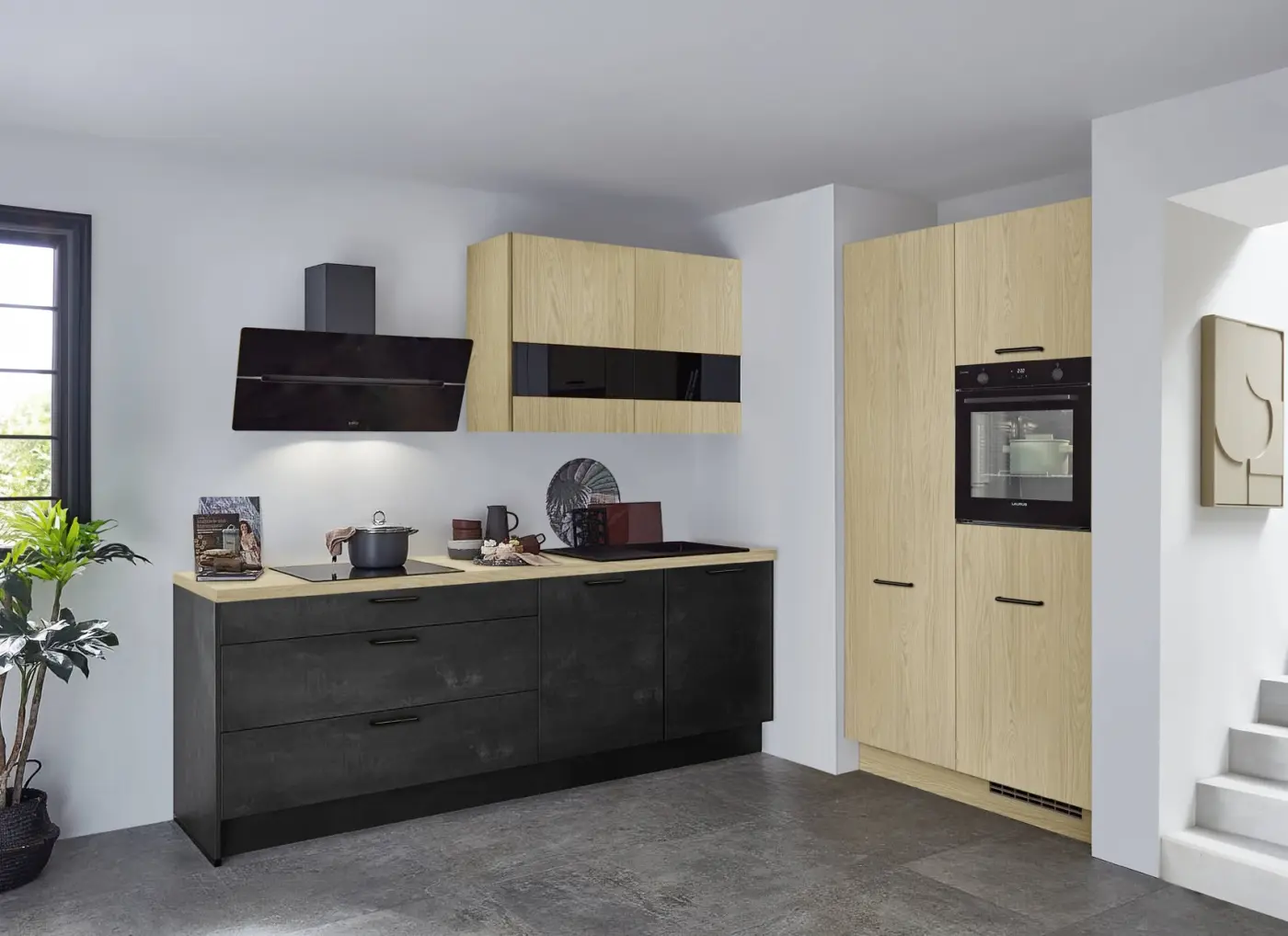 Küchenkombination nobilia Laser Schwarzbeton/Eiche