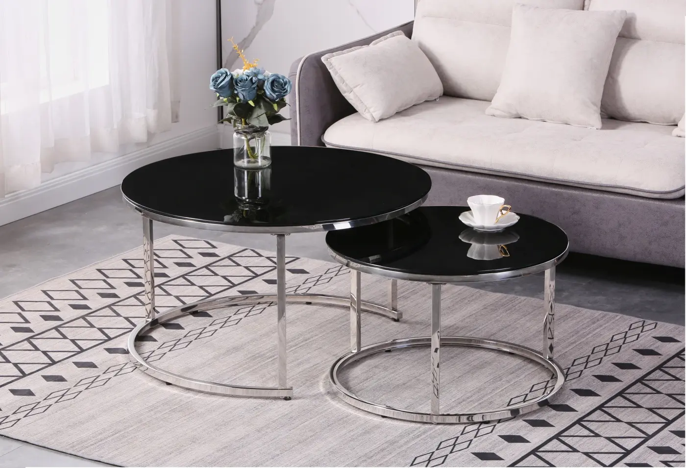 Couchtisch-Set rund Schwarzglas
