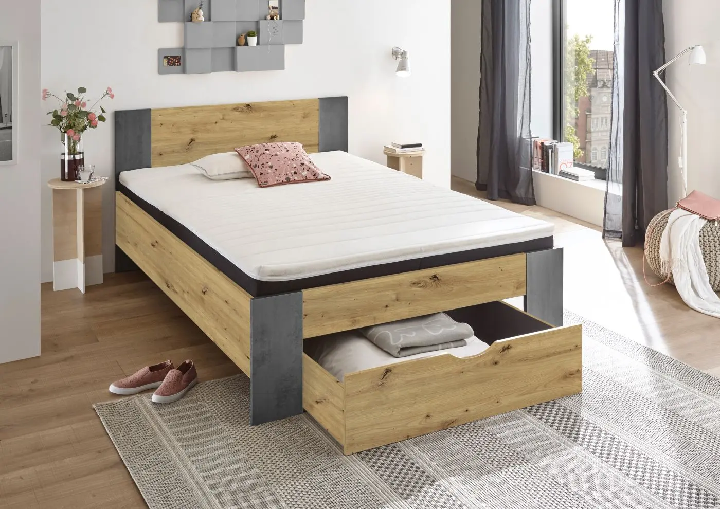Bett Martin 140 x 200 cm Artisan Eiche/Betonoxid
