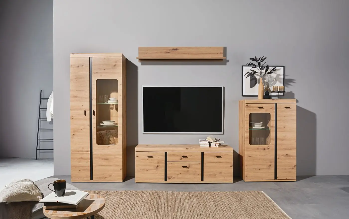 Vitrine Kreta Artisan Eiche/schwarz mit Beleuchtung