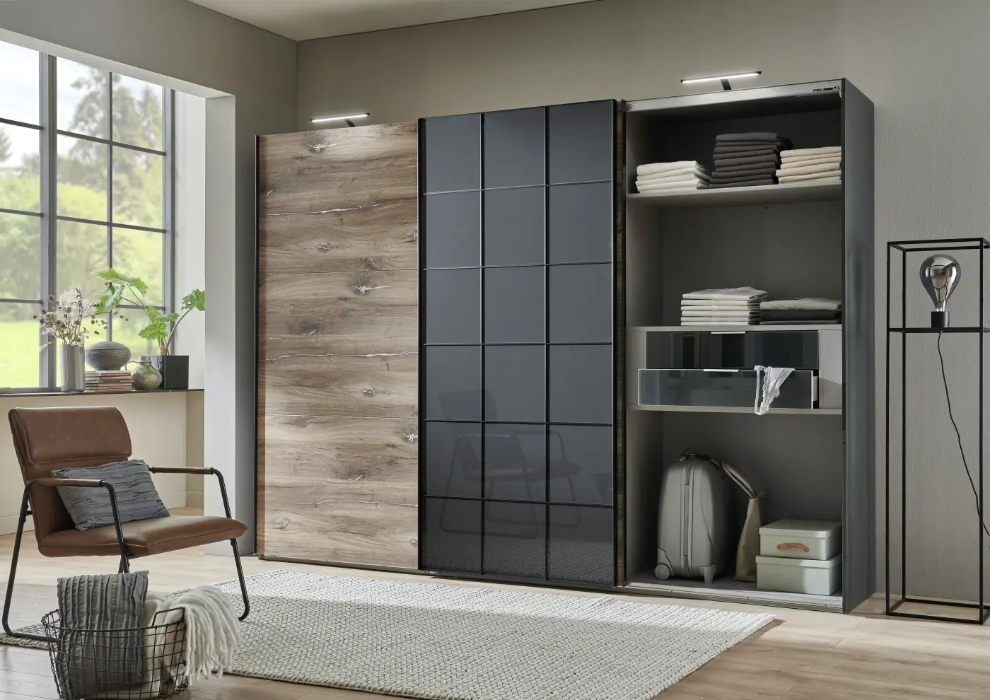 Schwebetürenschrank Toronto 3-türig Flagstaff Eiche/graphit