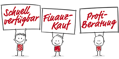 Möbel-AS-Emoji Services- 3 Kinder mit Schild in der Hand: Schnellverfügbar, Finanzkauf, Profi-Beratung