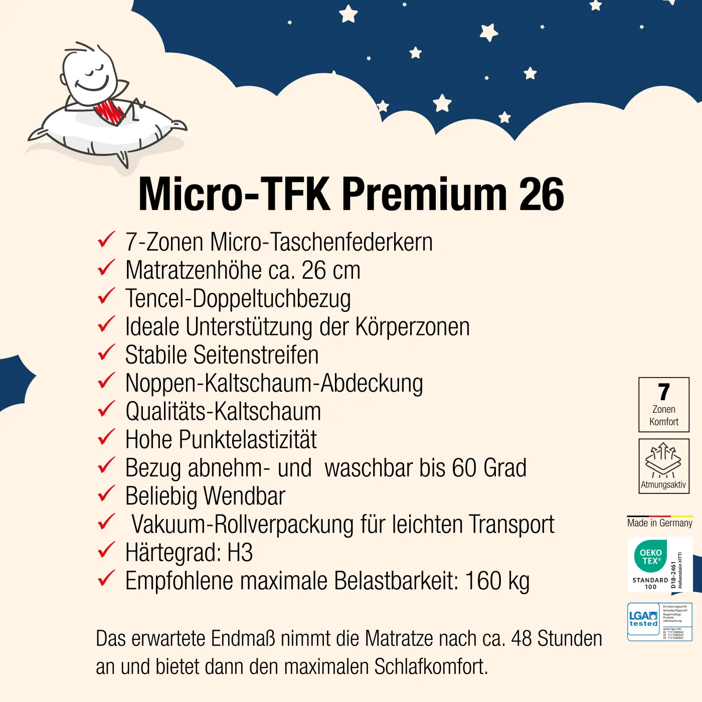 Micro-Taschenfederkernmatratze Premium 26 100 x 200 cm