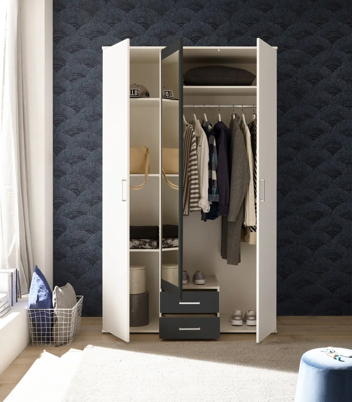 Kleiderschrank Hanau 3-türig weiß/graphit