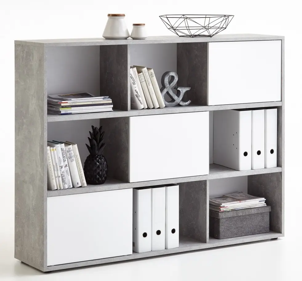 Hochregal Futura mit 9 Fächern Beton/weiß Hochglanz