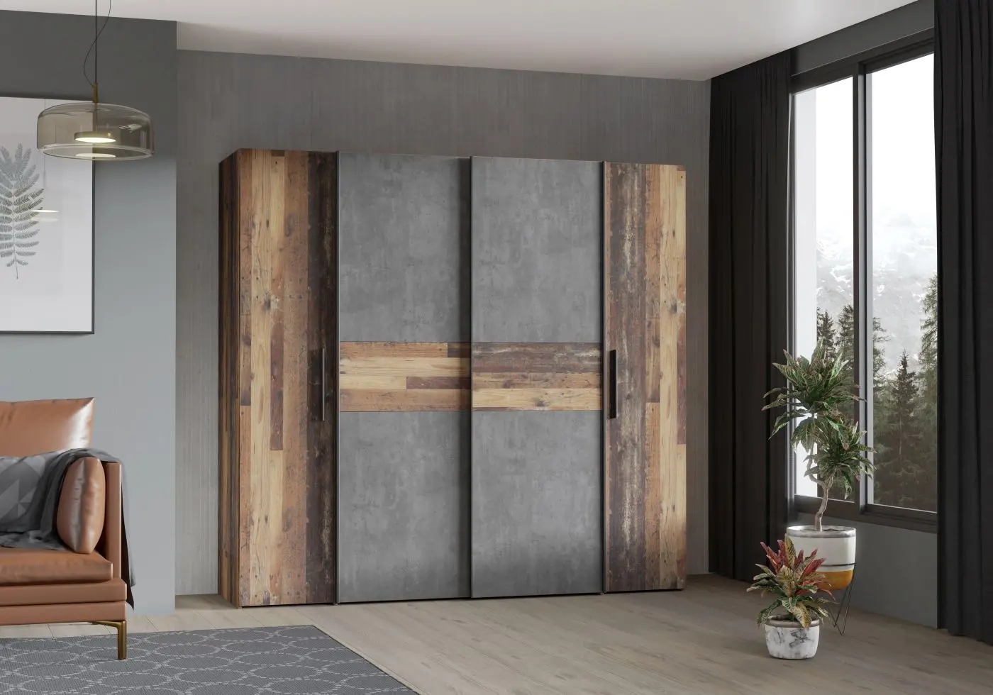 Dreh-/Schwebetürenschrank Kalixtus 4-türig Old Wood/Betonoptik