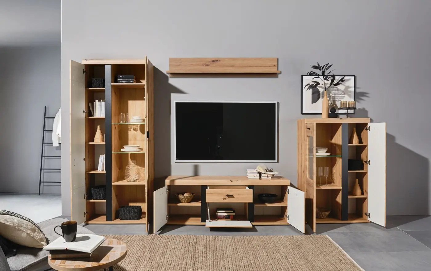 Highboard Kreta Artisan Eiche/schwarz mit Beleuchtung