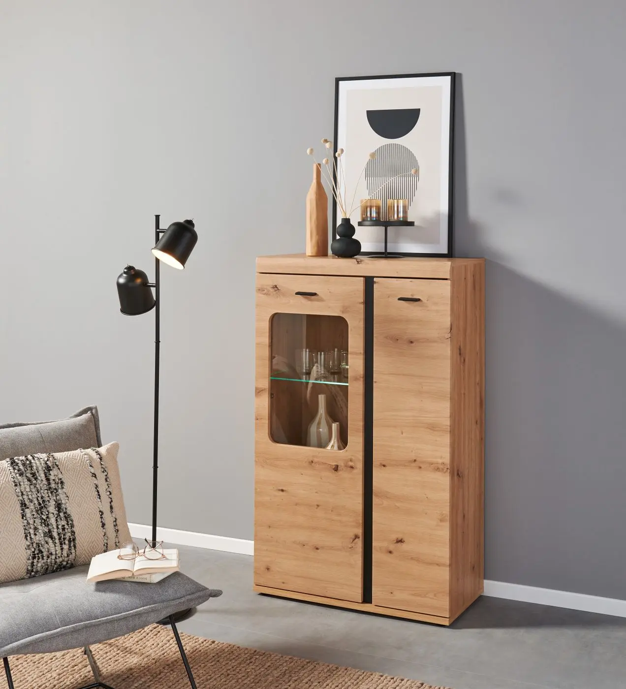 Highboard Kreta Artisan Eiche/schwarz mit Beleuchtung