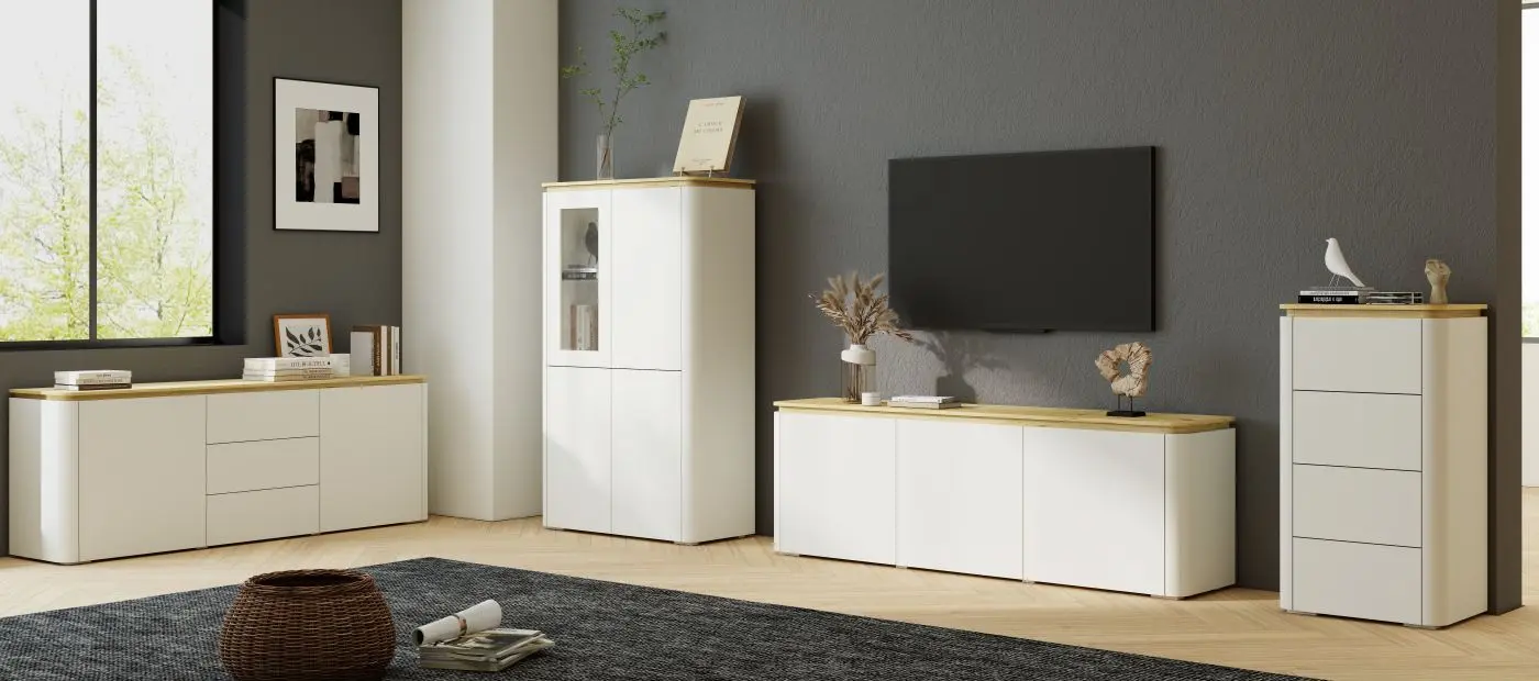 Highboard Namur weiß matt/Eiche hell mit Beleuchtung