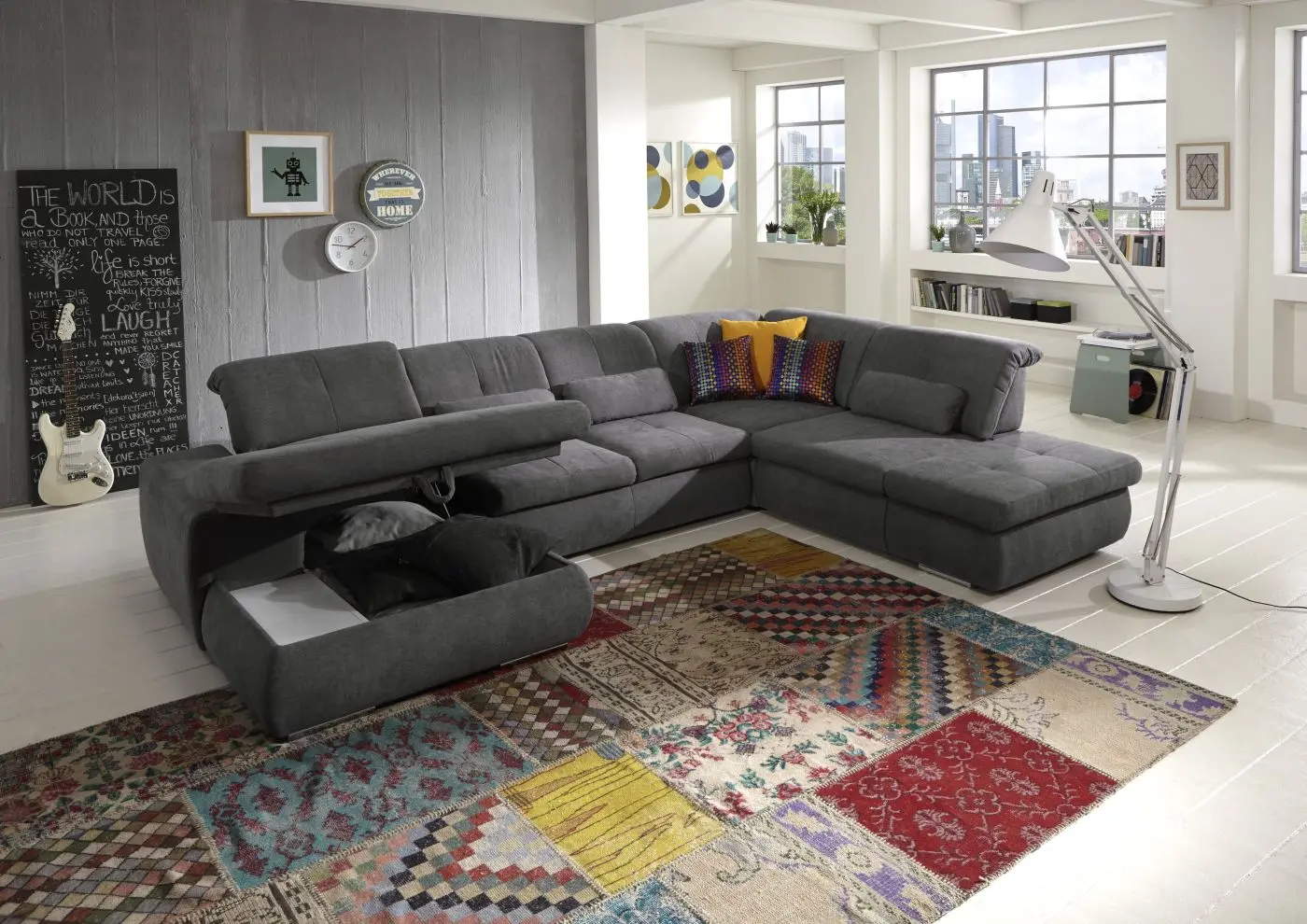 Wohnlandschaft KS25 Vincenzo grau mit Zusatzfunktionen couchliebe.