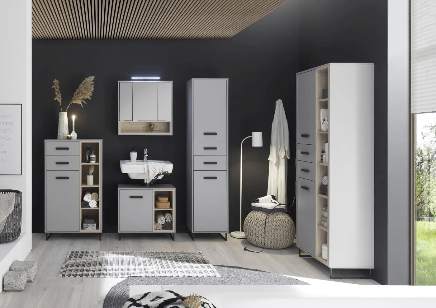 Badezimmer-Hochschrank Tunis in mattgrau