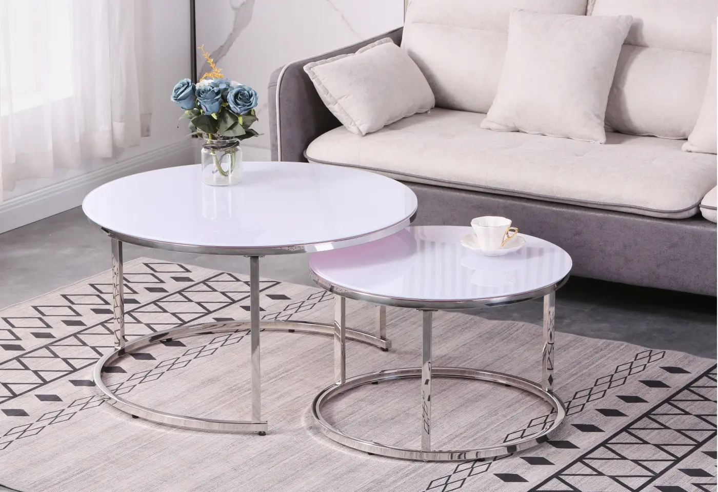 Couchtisch-Set rund Weißglas