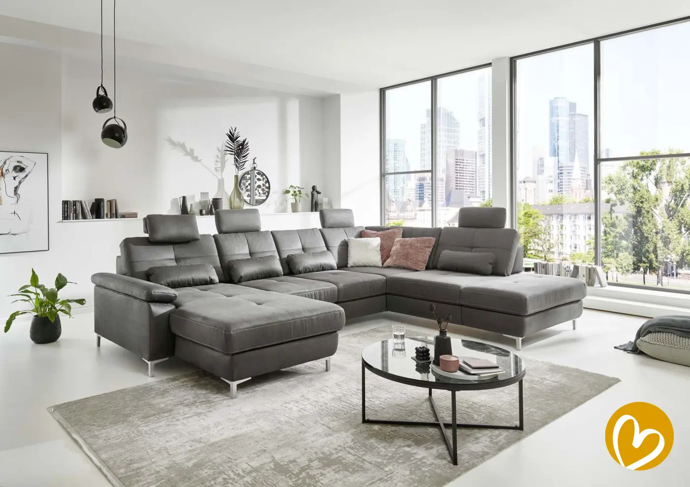 Wohnlandschaft LS23 Bars geprägter Microfaser steel mit Zusatzfunktionen couchliebe.