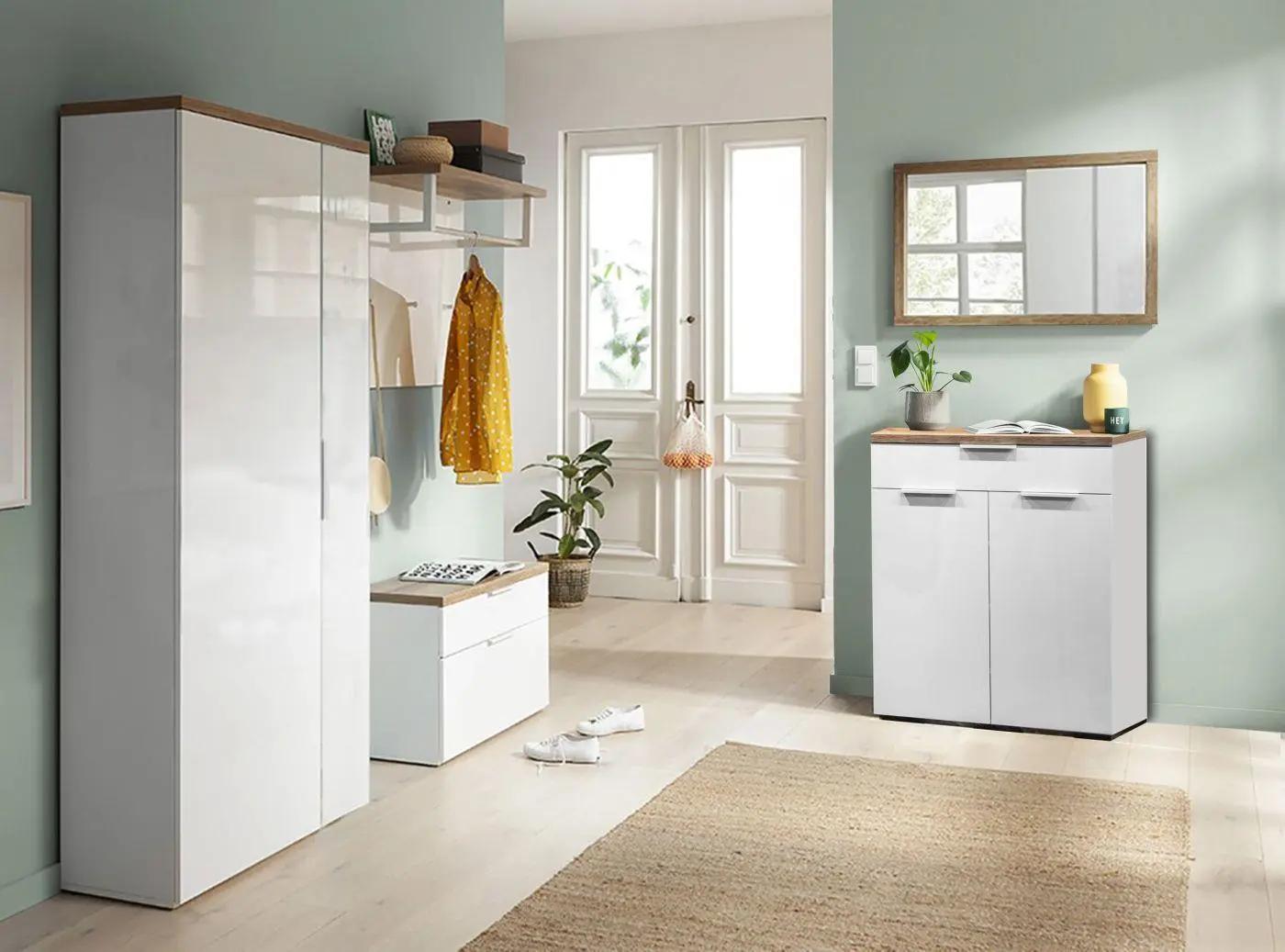 Schuhkommode Mundi weiß Hochglanz/Rivera Eiche