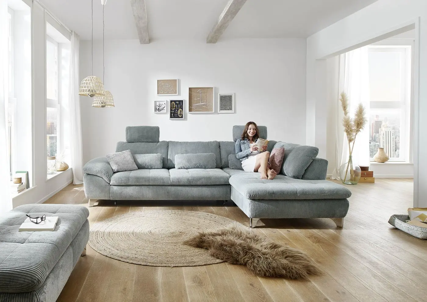 Wohnlandschaft MP-IN14007. Cord aqua mit Zusatzfunktionen couchliebe.