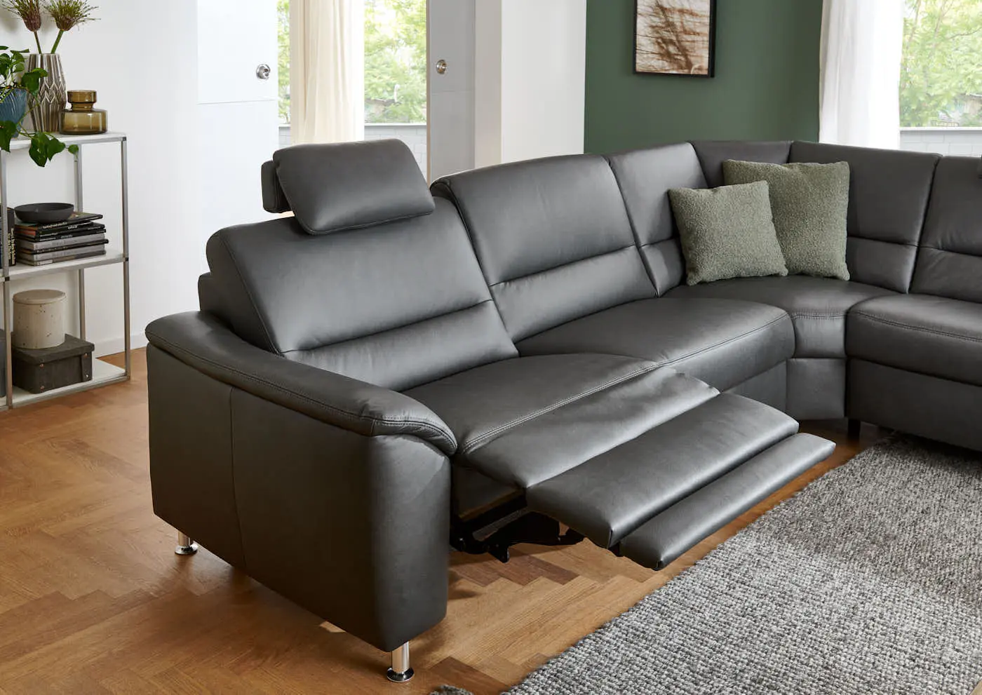 Wohnlandschaft PN-EM19075 in Leder Rodeo charcoal mit Zusatzfunktion couchliebe.