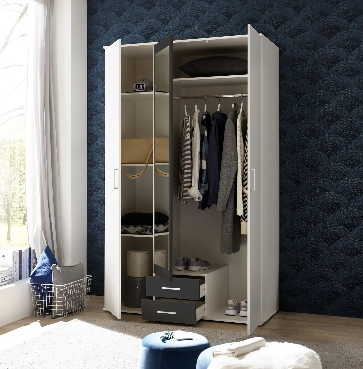 Kleiderschrank Hanau 3-türig weiß/graphit