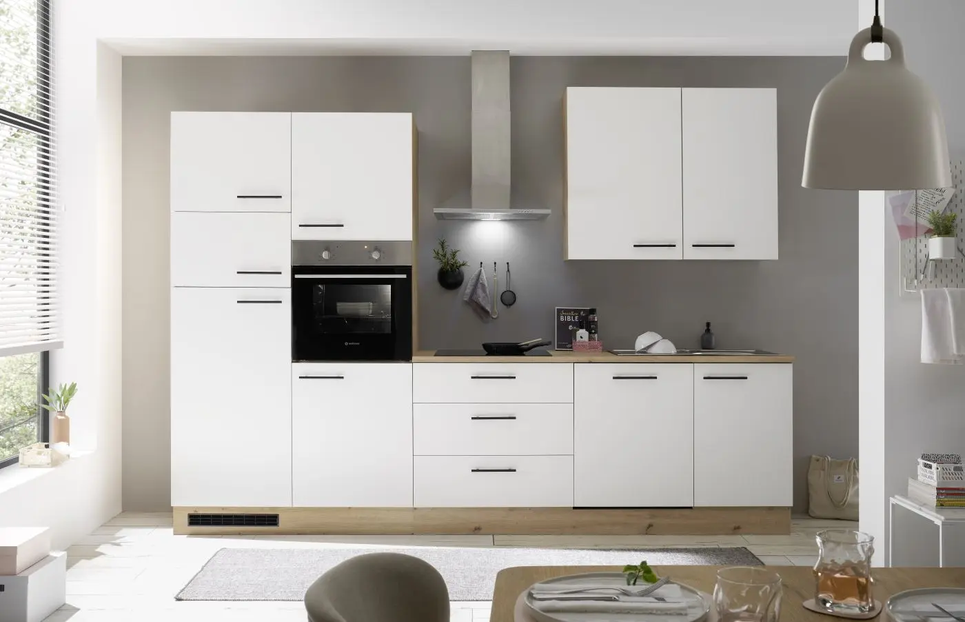Küchenblock Stuttgart weiß/Artisan Eiche mit E-Geräten